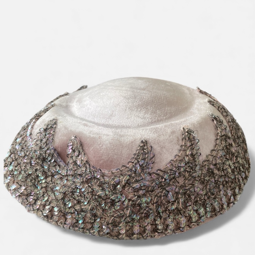 Vintage 1950s Patrice Model Pink Velvet Sequin Cocktail Hat